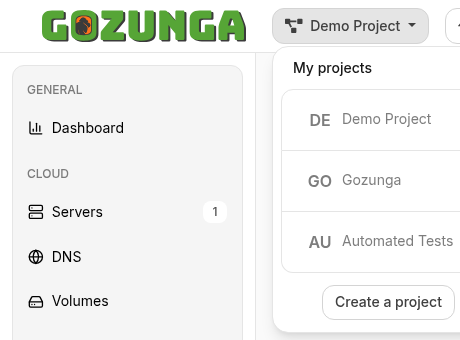 Project switcher in the Cloud Management Portal header