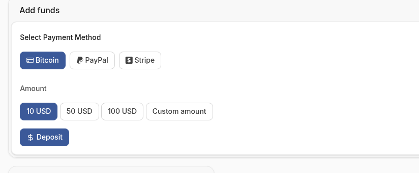 Add funds: payment method, amount, and Deposit