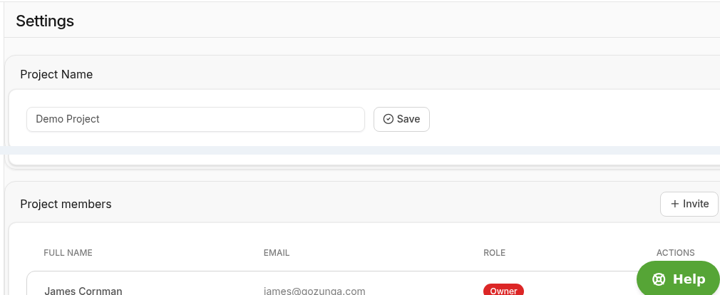 Settings: project name, Project members, and Invite