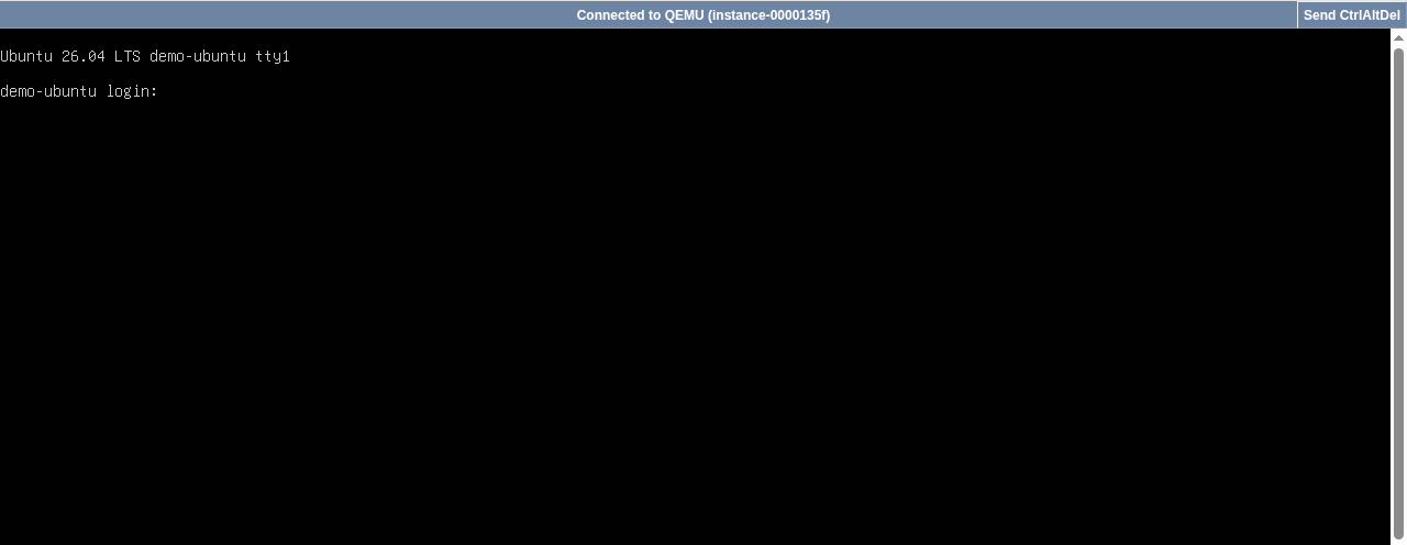 Browser console on demo-ubuntu showing the Ubuntu 26.04 login prompt