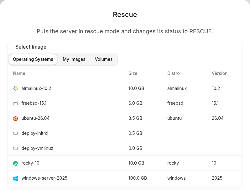 Rescue dialog: Select Image, Operating Systems, including ubuntu-26.04