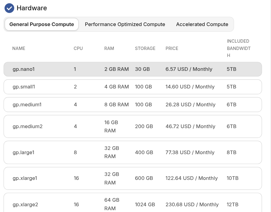 Hardware: General Purpose Compute list with gp.nano1 selected