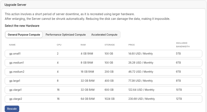 Rescale: Upgrade Server with General Purpose Compute flavors