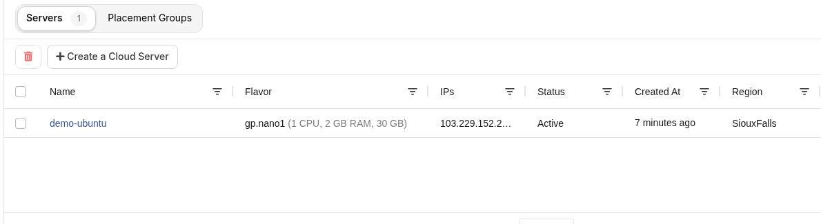 Servers list after create, showing an Active instance