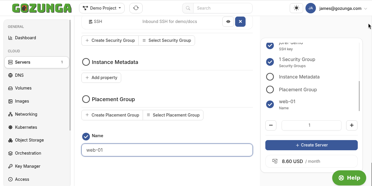 Create a Cloud Server: name filled in, security group on the summary