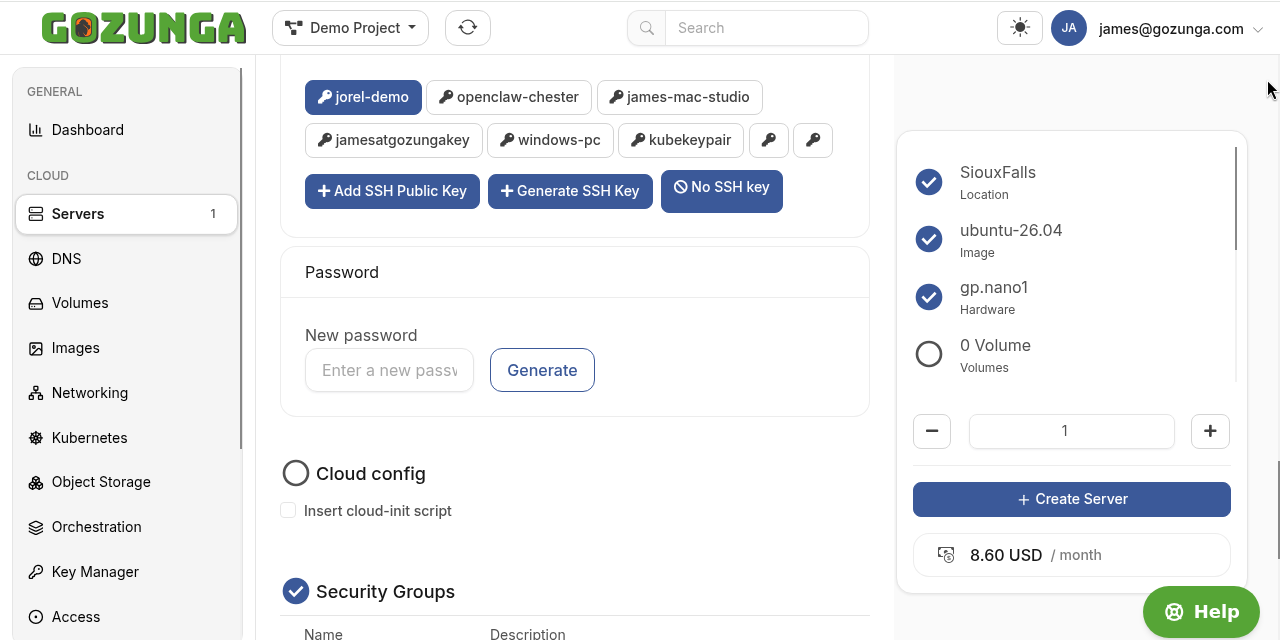 Create a Cloud Server: SSH key selected, cloud-init left empty