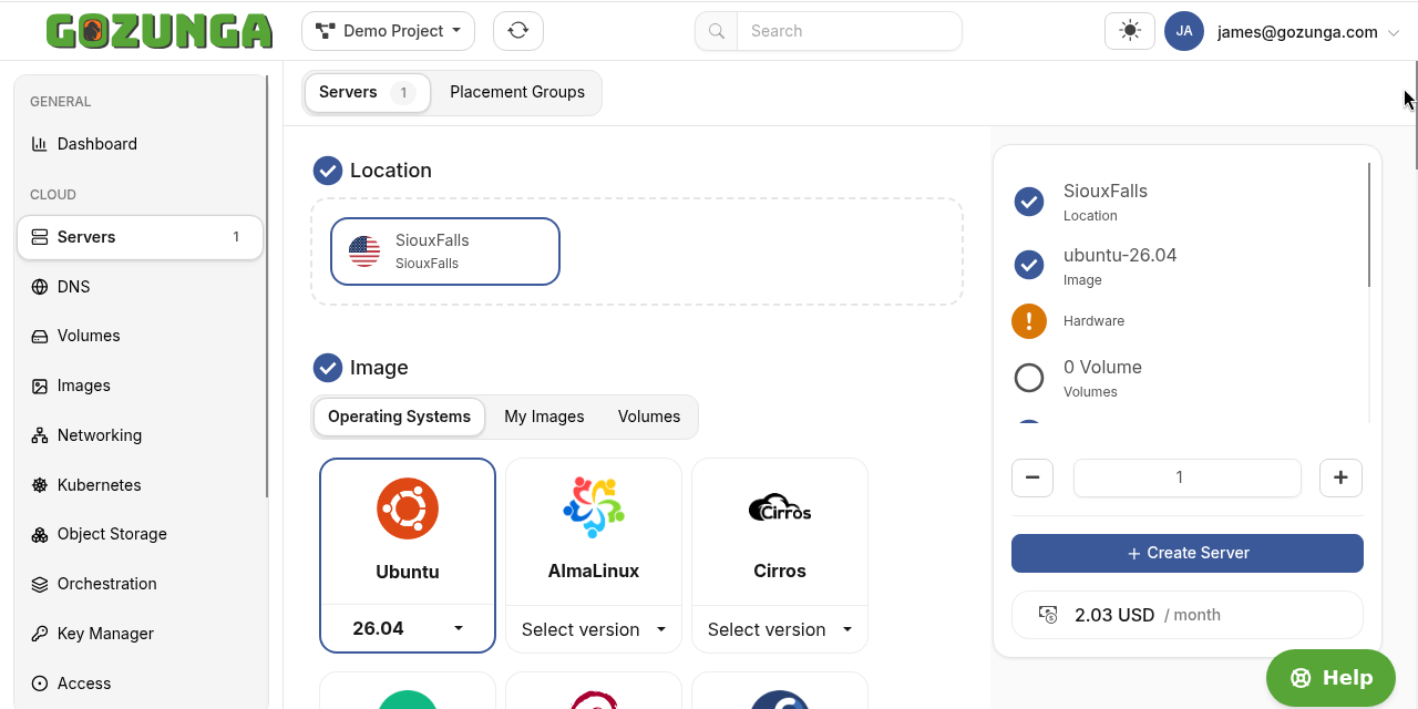 Create a Cloud Server: SiouxFalls and Ubuntu 26.04 selected