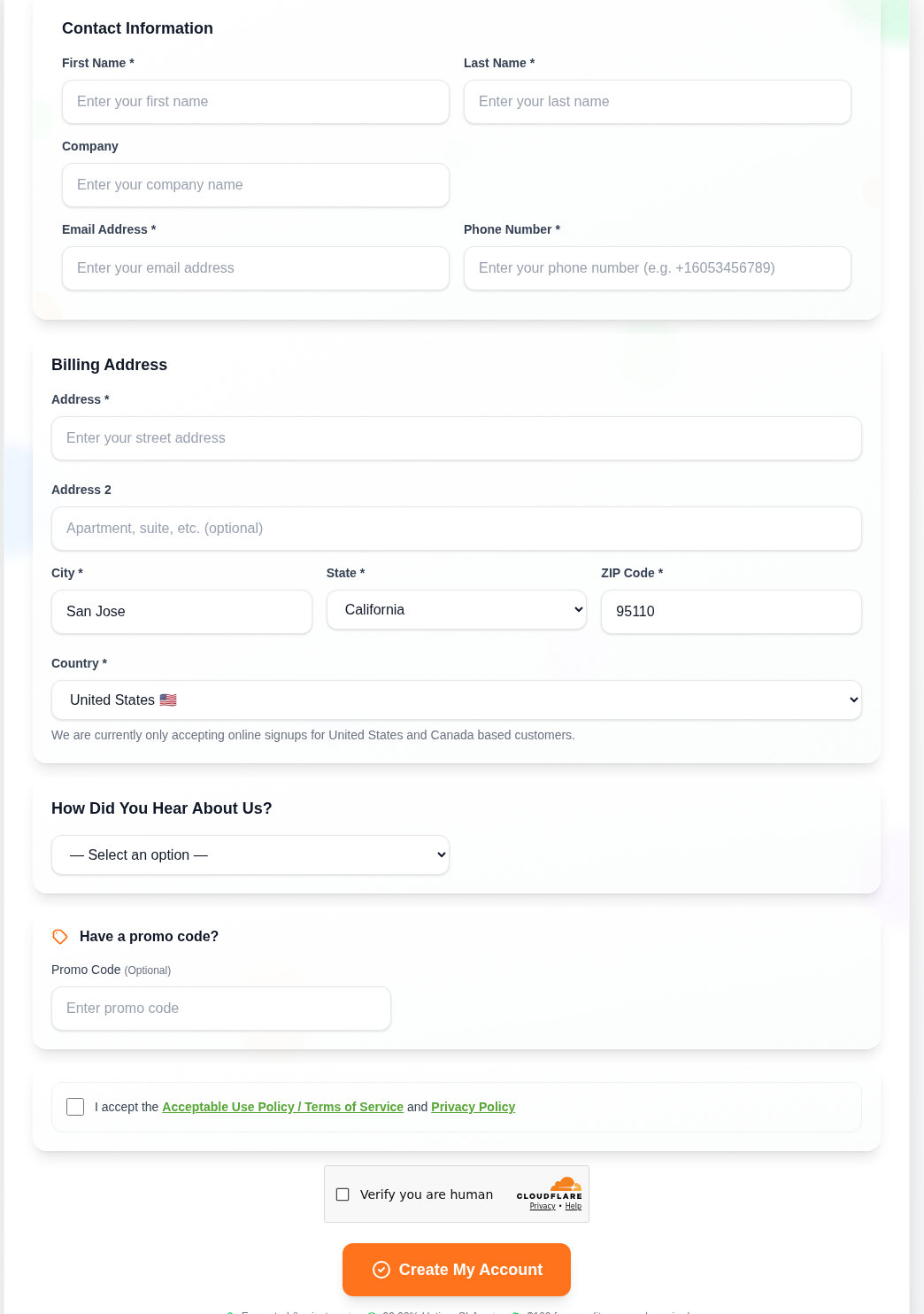 Create Your Account form: contact, billing, and Create My Account
