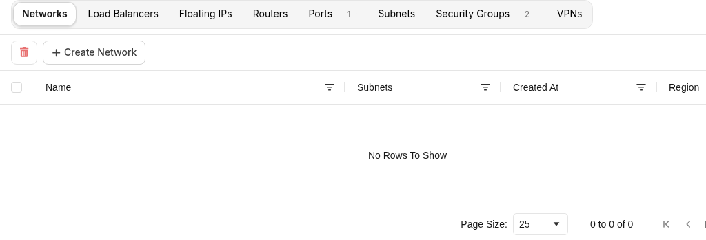 Networking Networks tab with Create Network