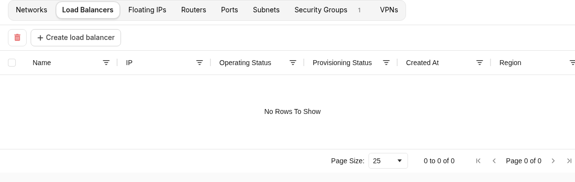 Networking Load Balancers tab with Create load balancer