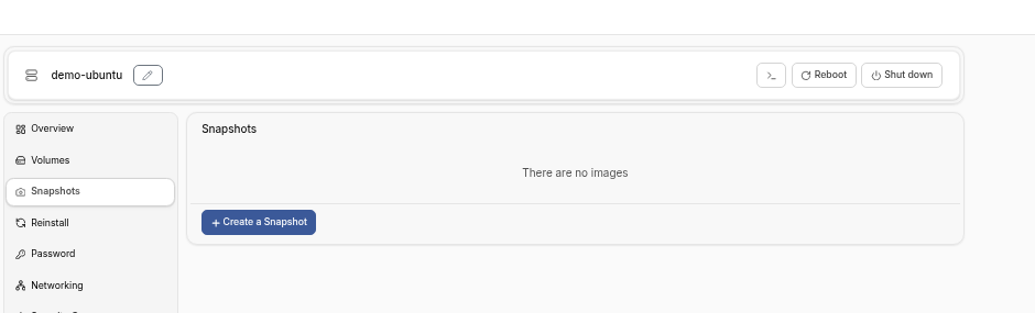 demo-ubuntu Snapshots tab with Create a Snapshot