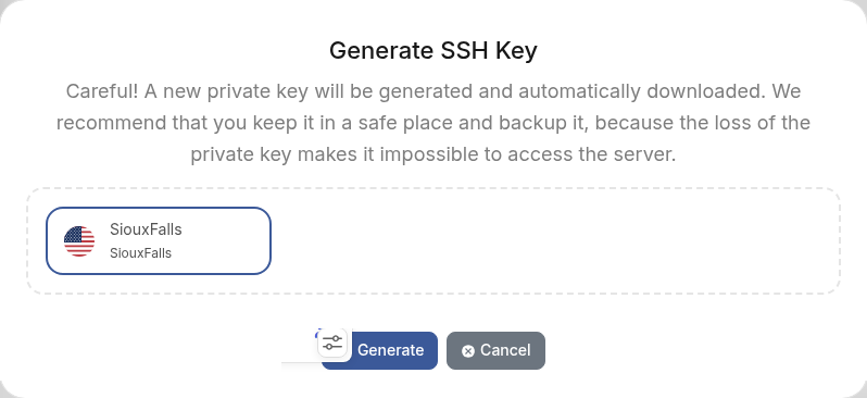 Generate SSH Key modal with private-key download warning