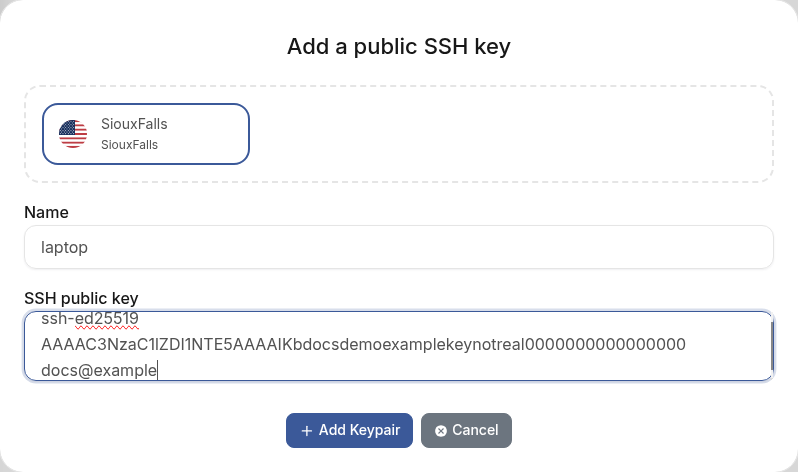 Add a public SSH key modal with name laptop