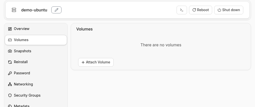 demo-ubuntu Volumes tab with Attach Volume