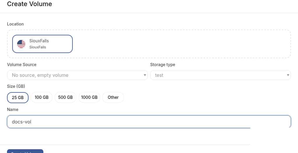 Create Volume form: SiouxFalls, empty source, 25 GB, docs-vol