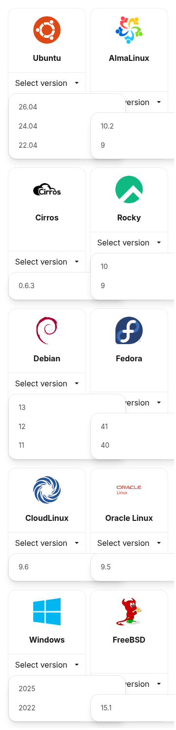Operating Systems on the create-server form