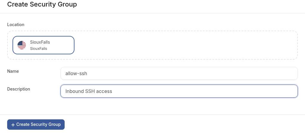 Create Security Group form with allow-ssh filled in