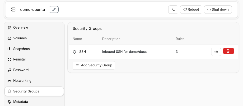 demo-ubuntu Security Groups tab with SSH attached