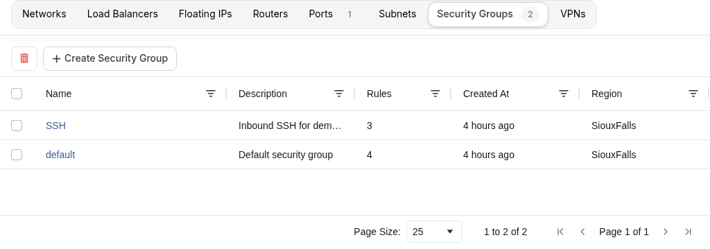Security Groups list with Create Security Group